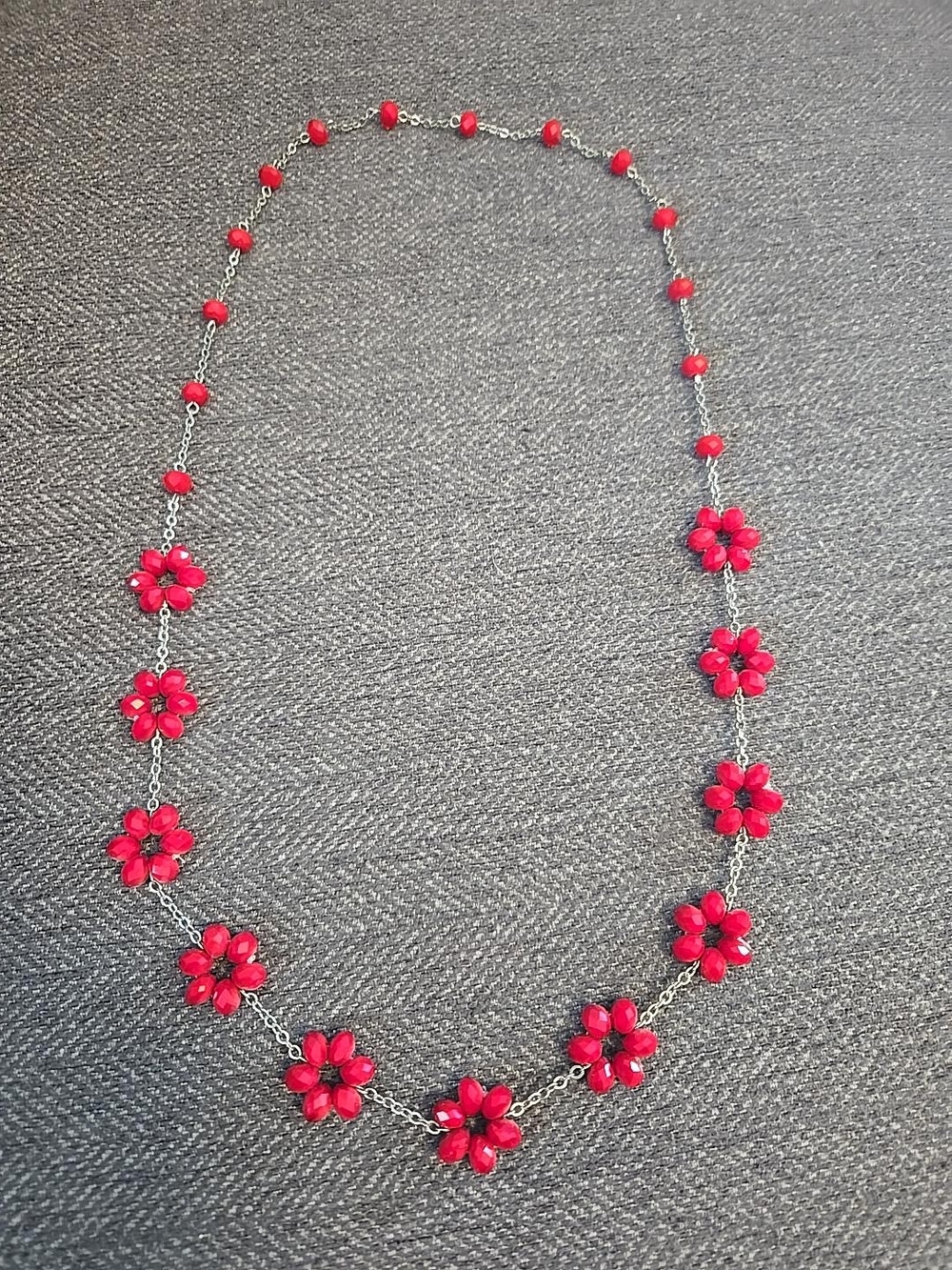 Red Floral Beaded Statement Necklace Silver Tone Long Flower Necklace